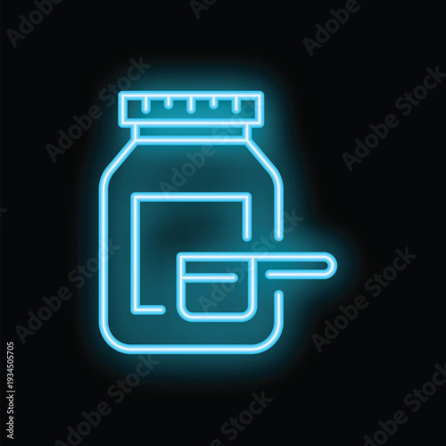 Glowing blue neon icon of a sports nutrition container with a scoop, perfect for fitness and supplement related designs