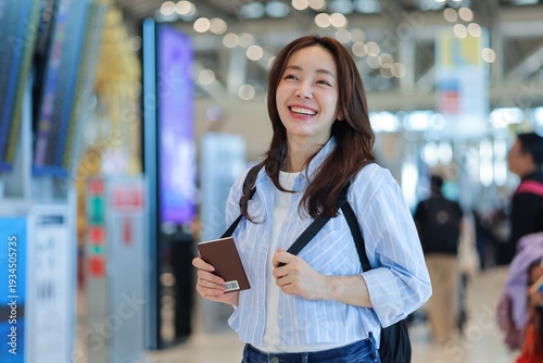 Smiling young Asian woman holding passport inside modern airport terminal. Concept of international travel, business trip, relocation.