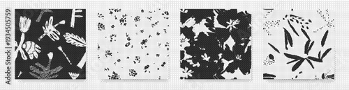 Collection of various black and white floral patterns and designs on different backgrounds for textile and wallpaper inspiration