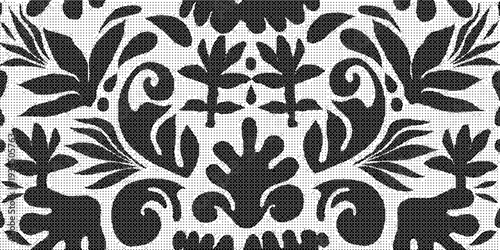 Black and white ornate floral patterns with animals on fabric