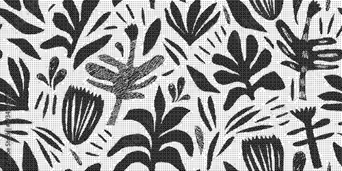 Black and white floral pattern with leaves and flowers on a textured background for design