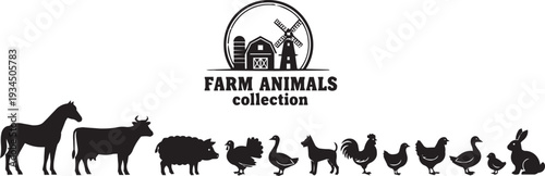 Comprehensive Farm Animals Collection Silhouettes with Rustic Barn and Windmill Logo Design on White
