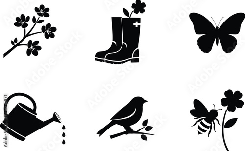 Set of black silhouettes of garden and spring elements isolated on transparent background design element