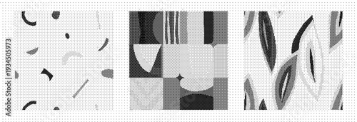 Black and white halftone patterns in various shapes and textures collage