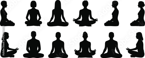Yoga meditation silhouettes collection, women sitting lotus pose vector set, isolated black mindfulness and wellness illustration bundle