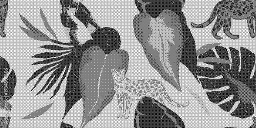 Black and white jungle pattern with tropical leaves and animal illustrations