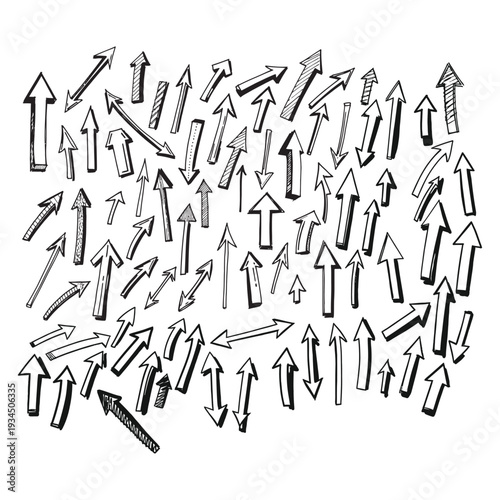 A chaotic arrangement of black arrows pointing upwards on a white background