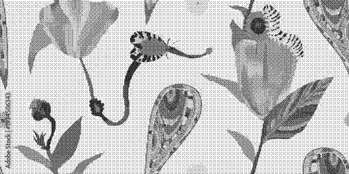 Black and white floral pattern with leaves and flowers