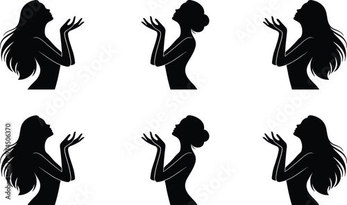 Silhouette collection of beautiful women profile with raised hands isolated on white background, elegant female gestures and expressive pose set for design