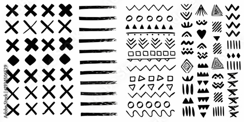 Assorted black and white hand drawn geometric shapes and abstract patterns