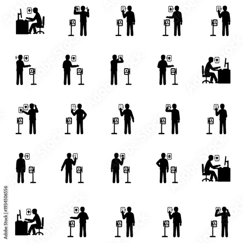 Black and white vector illustration set of people interacting with digital kiosks, ticket machines and self service terminals in public spaces. 