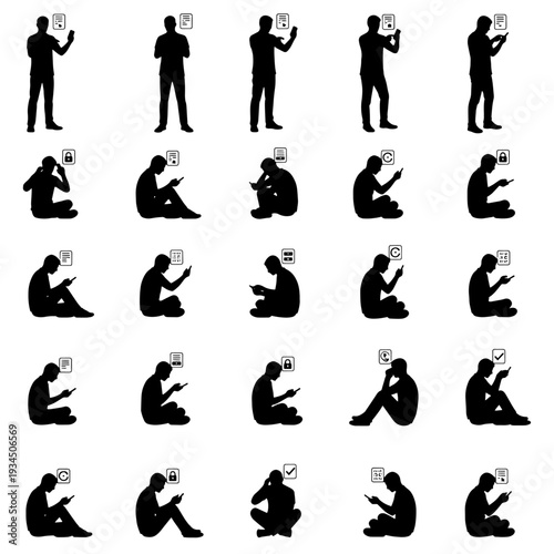 Black and white vector illustration set of people using smartphones, texting messages and browsing social media in different poses. Minimal silhouette icon collection perfect for mobile communication