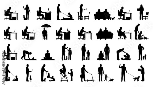 Black and white vector illustration set showing everyday human activities, work, rest, parenting and walking with pets in different life situations. Minimal silhouette icon collection perfect for life