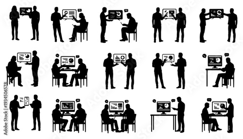 Black and white vector illustration set of business professionals presenting data dashboards and discussing analytics in office meeting scenarios. Isolated silhouette icon collection