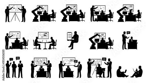 Black and white vector illustration set showing robotic automation integrated into business analytics and office presentation scenarios. Isolated silhouette icon collection ideal for AI technology 