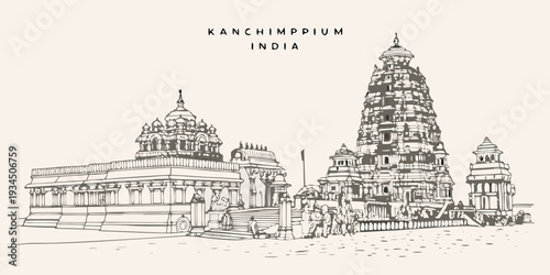 Detailed sketch of kanchimpium temple complex in india architectural drawing
