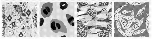 Collection of four different black and white patterns with various designs and textures