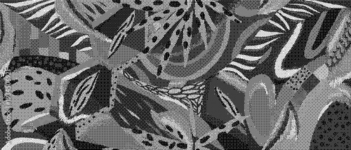 Black and white floral pattern with leaves and flowers on textured background