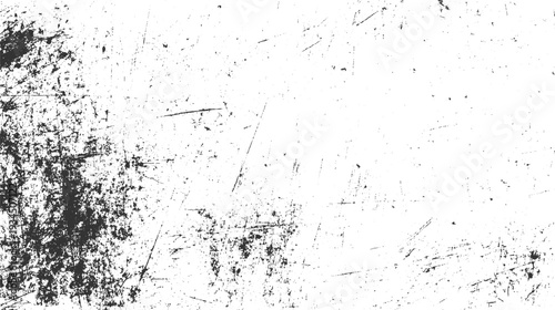 Black ink splatters and fine scratches on a white textured background grunge