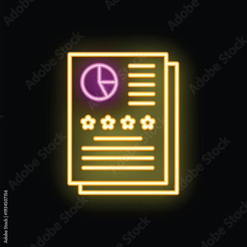 Neon icon of business report with charts and five star rating glowing on black background