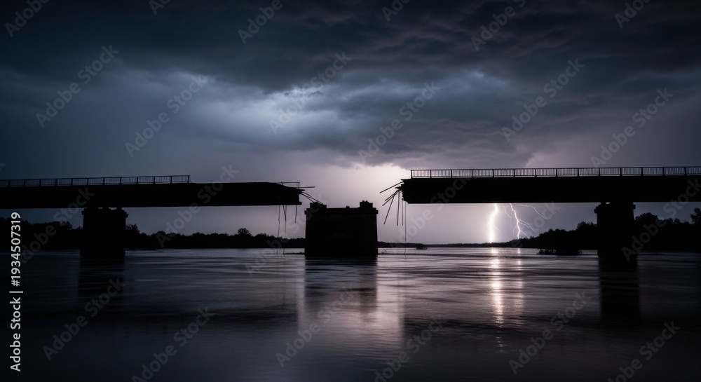 Fototapeta premium Broken Bridge Silhouette Under Stormy Lightning Sky