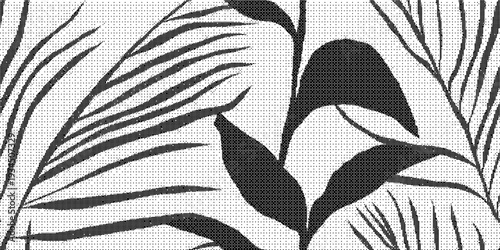 Black and white tropical leaf pattern on textured fabric with palm tree design