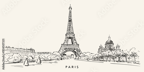 A detailed sketch depicts the eiffel tower and surrounding parisian architecture