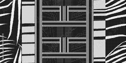 Black and white geometric pattern on textured fabric with modern design elements