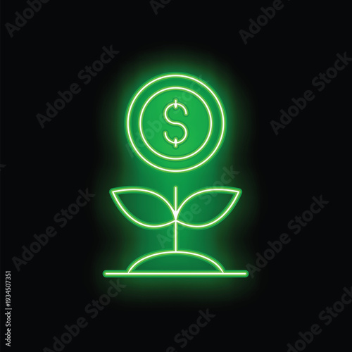 Green neon sign depicting a plant growing with a dollar coin instead of a flower, evoking economic growth