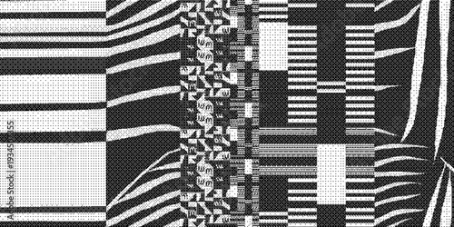 Black and white mixed pattern with stripes and geometric shapes