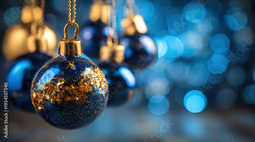 Elegant blue and gold Christmas ornaments hang against a sparkling background