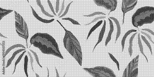 Black and white leaf pattern on gray background with natural texture
