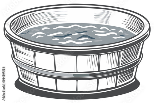 Vintage wooden tub with water, detailed illustration