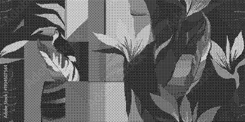 Black and white geometric leaf pattern on dark gray background