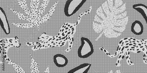 Black and white cheetah pattern on gray background with spots and leaves