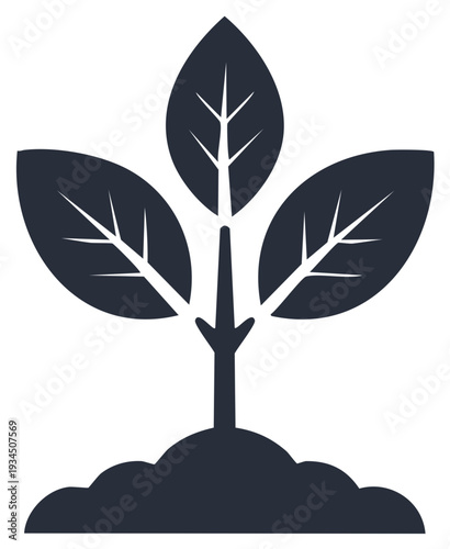 Minimalist silhouette icon of a thriving young plant or seedling with three leaves emerging from fertile soil