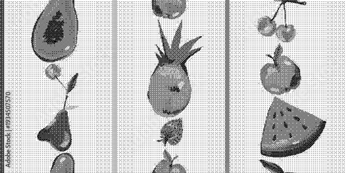 Black and white illustration of various fruits on a with a grid pattern