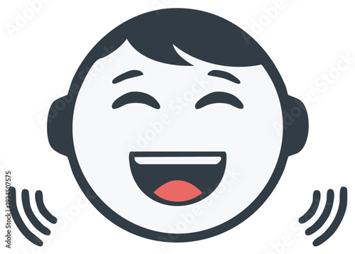 Joyful Cartoon Face with Closed Eyes and Open Mouth Wearing Headphones Radiating Sound Waves