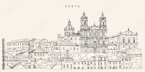 Detailed sketch of the Cl rigos Church and cityscape of Porto Portugal