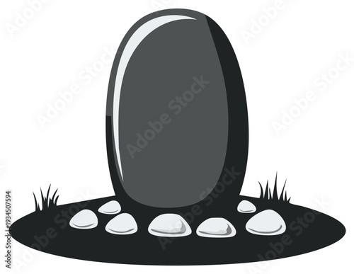 Simple illustration of a large, dark rock standing in a small clearing of grass and small rocks, minimalist, vector