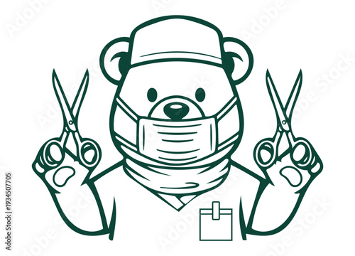 Bear wearing medical mask and surgical cap holding scissors  healthcare worker