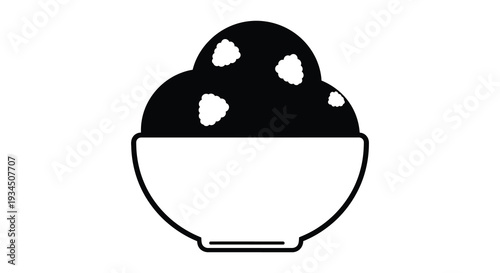 A simple black and white illustration depicts a bowl filled with a textured substance and scattered elements silhouette