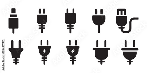 Electrical Power Plugs and Connectors Icon Set. in Black Silhouette on Clean White Background.