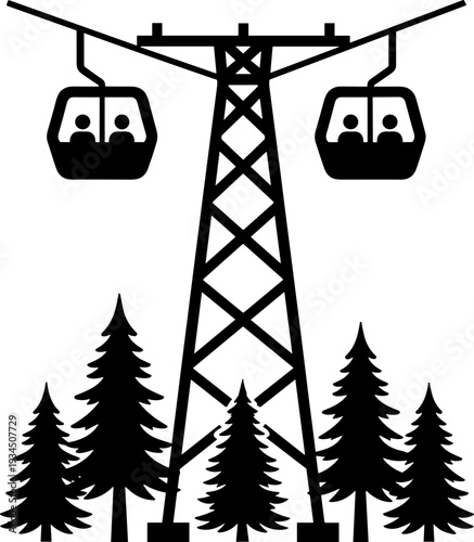Cable car gondola silhouette over pine forest landscape, mountain transportation scene isolated on white background, flat vector illustration