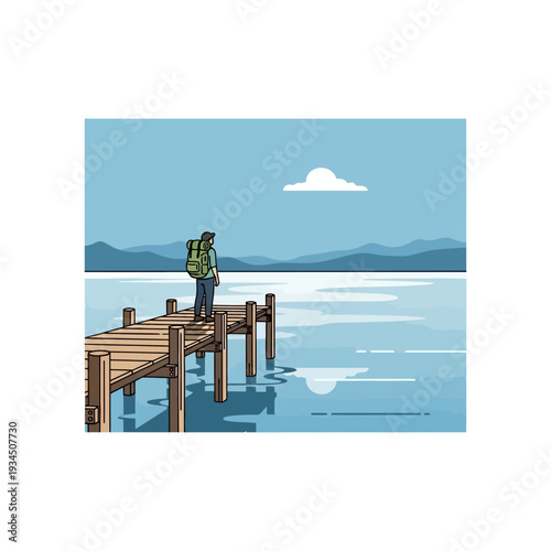 Man with backpack on wooden pier overlooking calm lake and distant mountains