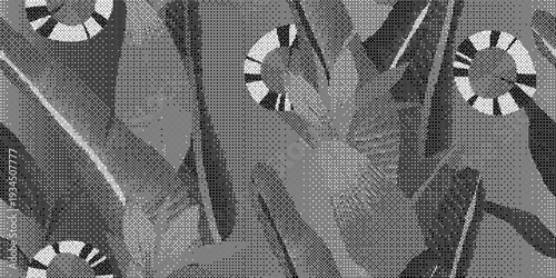 Black and white abstract floral pattern with circular shapes on gray background
