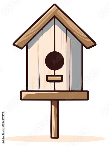 Illustration of a birdhouse on a post with a woodgrain texture.
