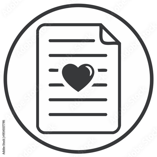 Heart on a lined paper icon symbolizing love letters or romantic communication within a circle