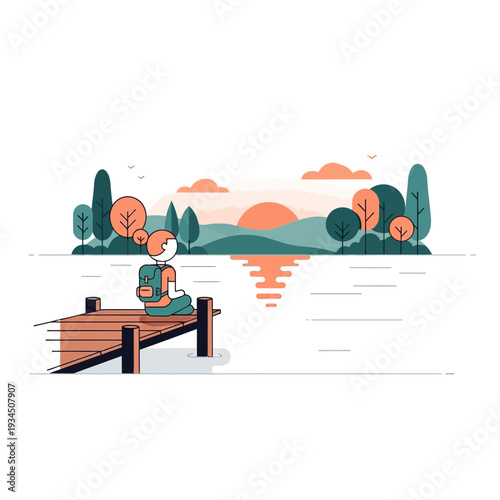 Person on dock watching serene sunset over lake, minimalist nature landscape