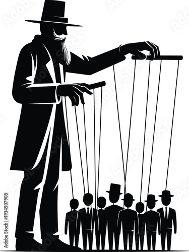 Puppeteer controlling marionette silhouettes, manipulation power control concept illustration isolated on white background political metaphor vector design